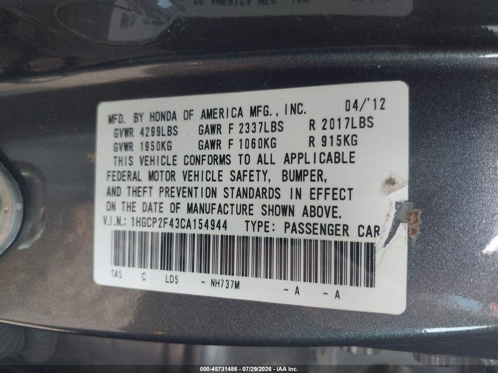 1HGCP2F43CA154944 2012 HONDA ACCORD photo no. 9