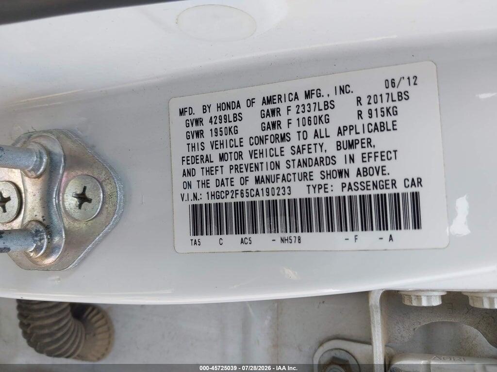 1HGCP2F65CA190233 2012 HONDA ACCORD photo no. 9