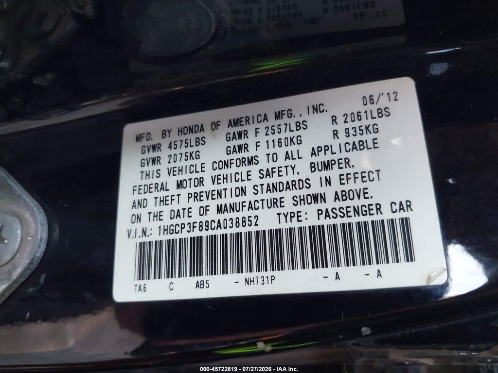 1HGCP3F89CA038852 2012 HONDA ACCORD photo no. 9