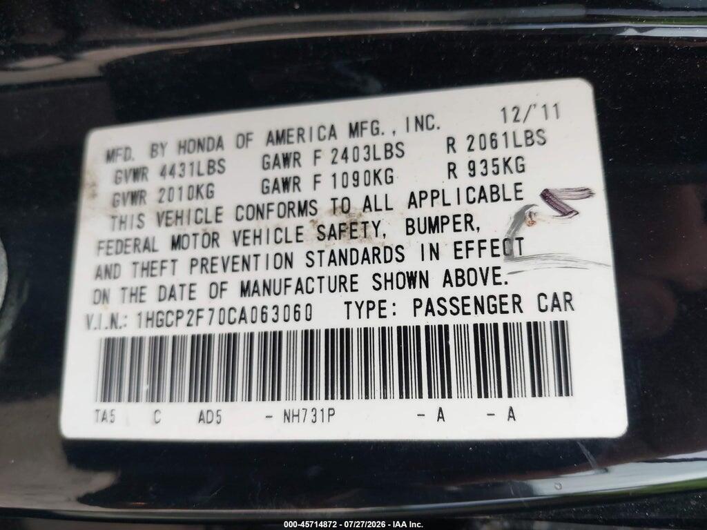 1HGCP2F70CA063060 2012 HONDA ACCORD photo no. 9