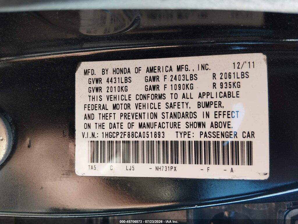 1HGCP2F88CA051893 2012 HONDA ACCORD photo no. 9