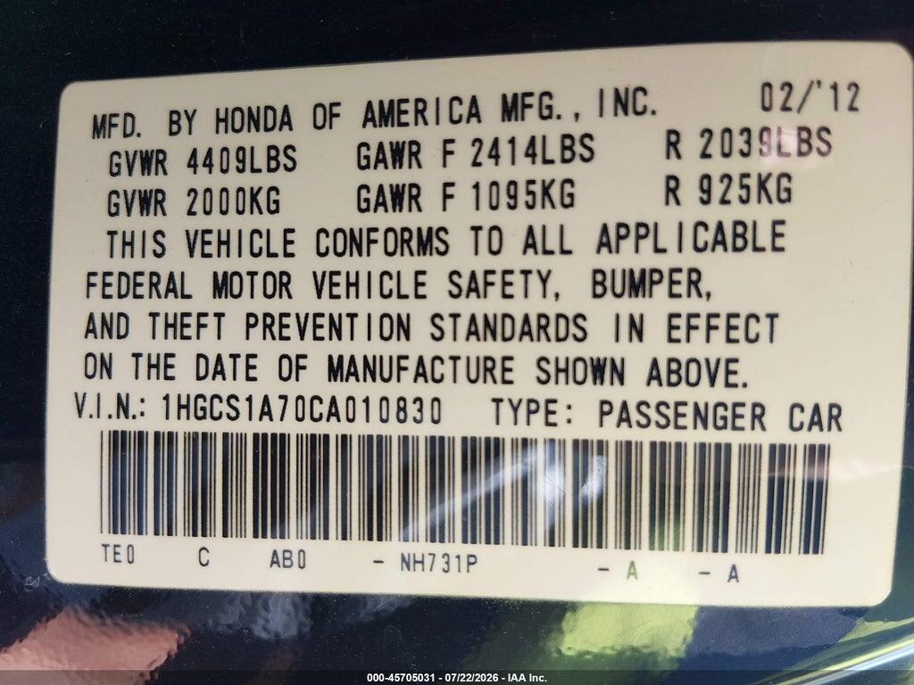 1HGCS1A70CA010830 2012 HONDA ACCORD photo no. 9