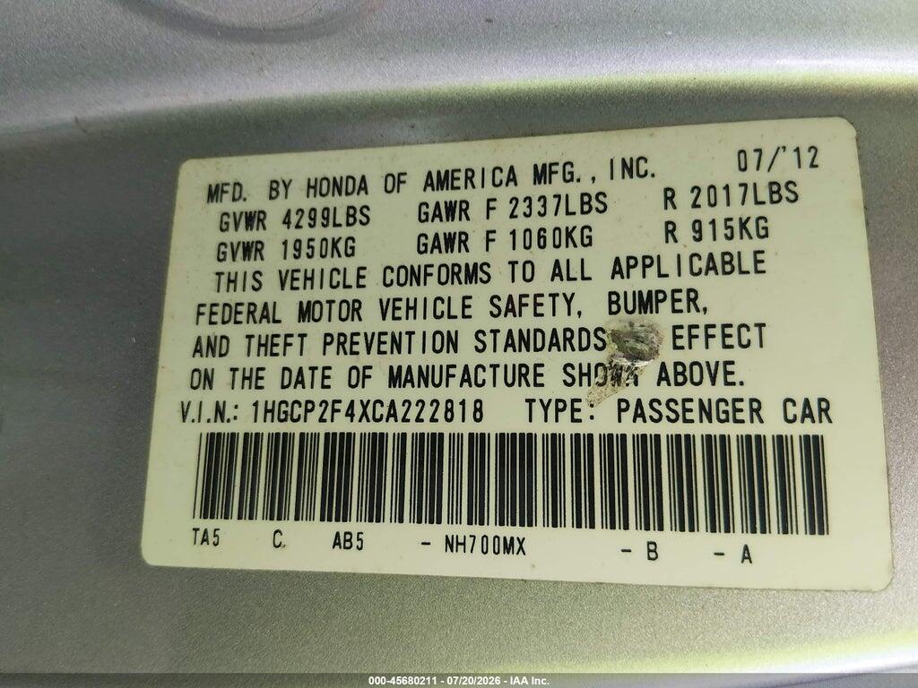 1HGCP2F4XCA222818 2012 HONDA ACCORD photo no. 9