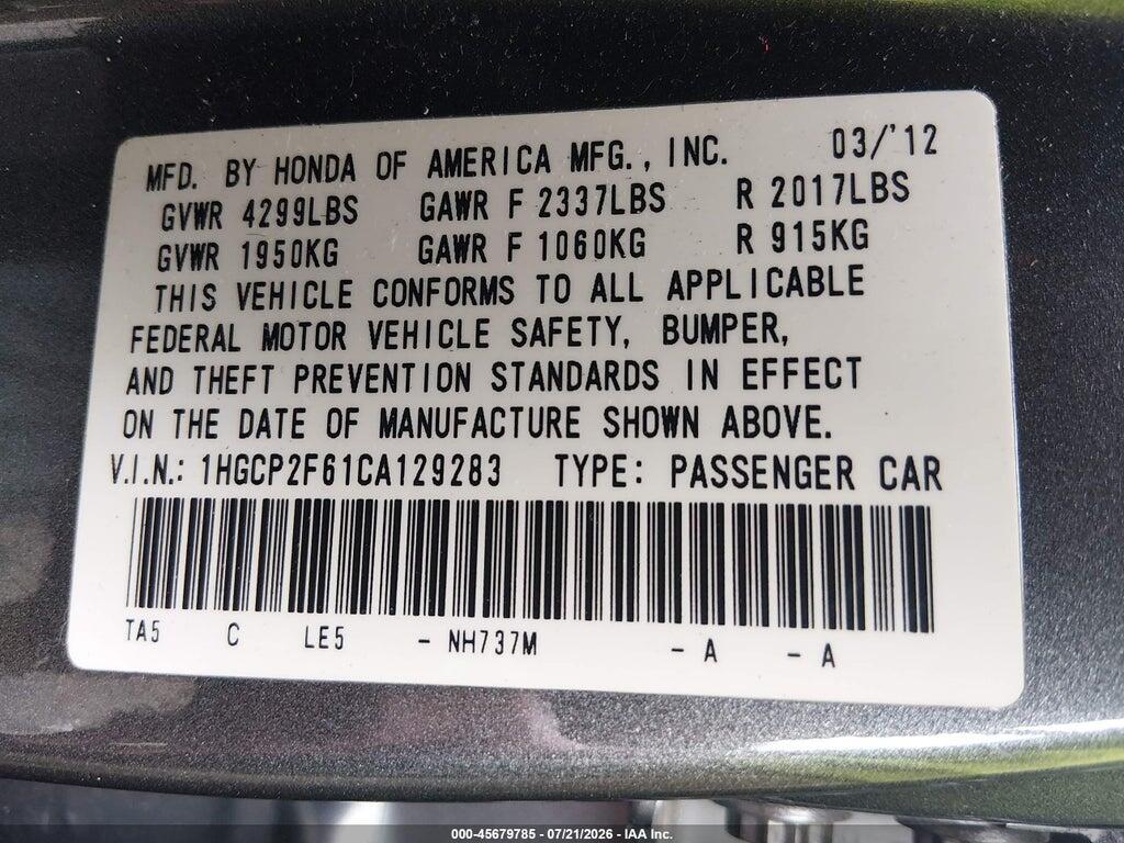 1HGCP2F61CA129283 2012 HONDA ACCORD photo no. 9