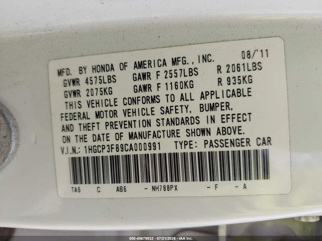 1HGCP3F89CA000991 2012 HONDA ACCORD photo no. 9