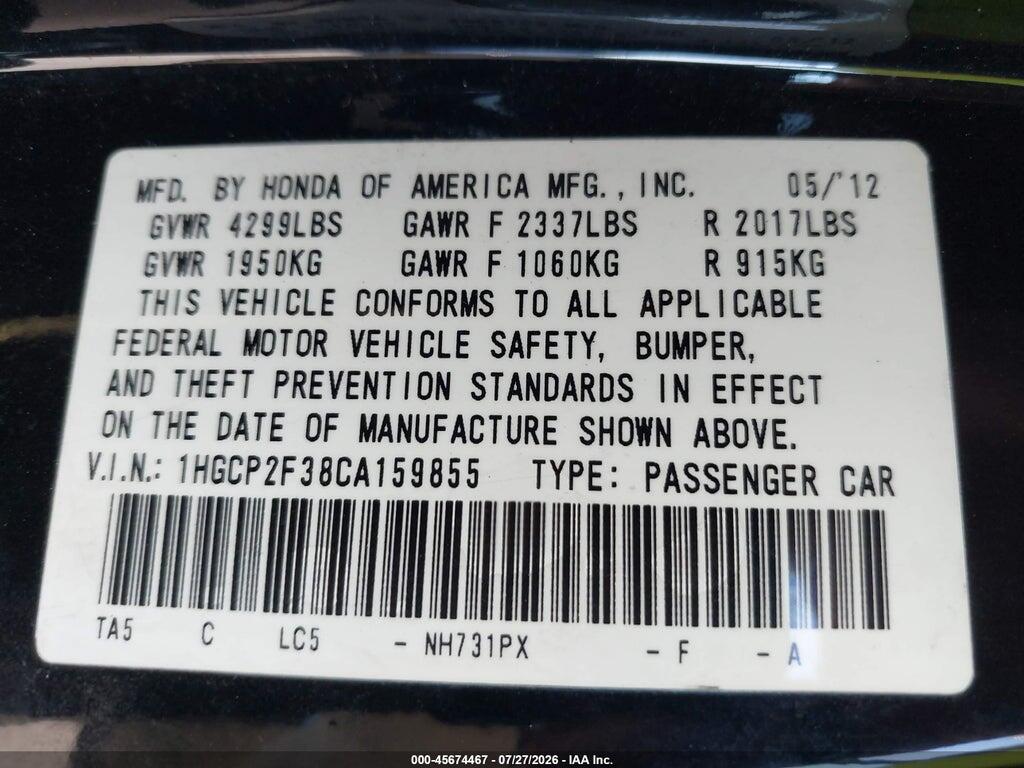 1HGCP2F38CA159855 2012 HONDA ACCORD photo no. 9