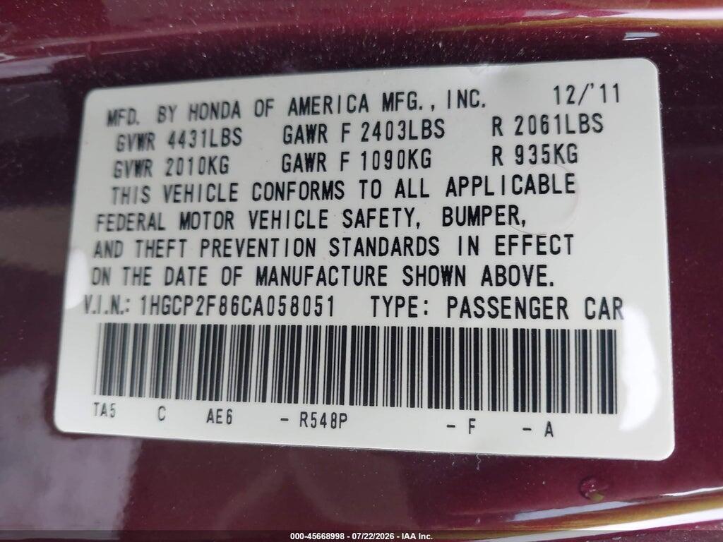 1HGCP2F86CA058051 2012 HONDA ACCORD photo no. 9