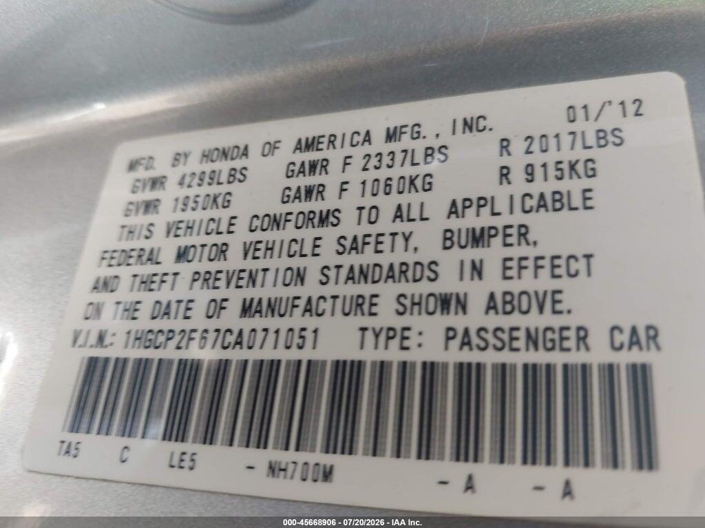 1HGCP2F67CA071051 2012 HONDA ACCORD photo no. 9