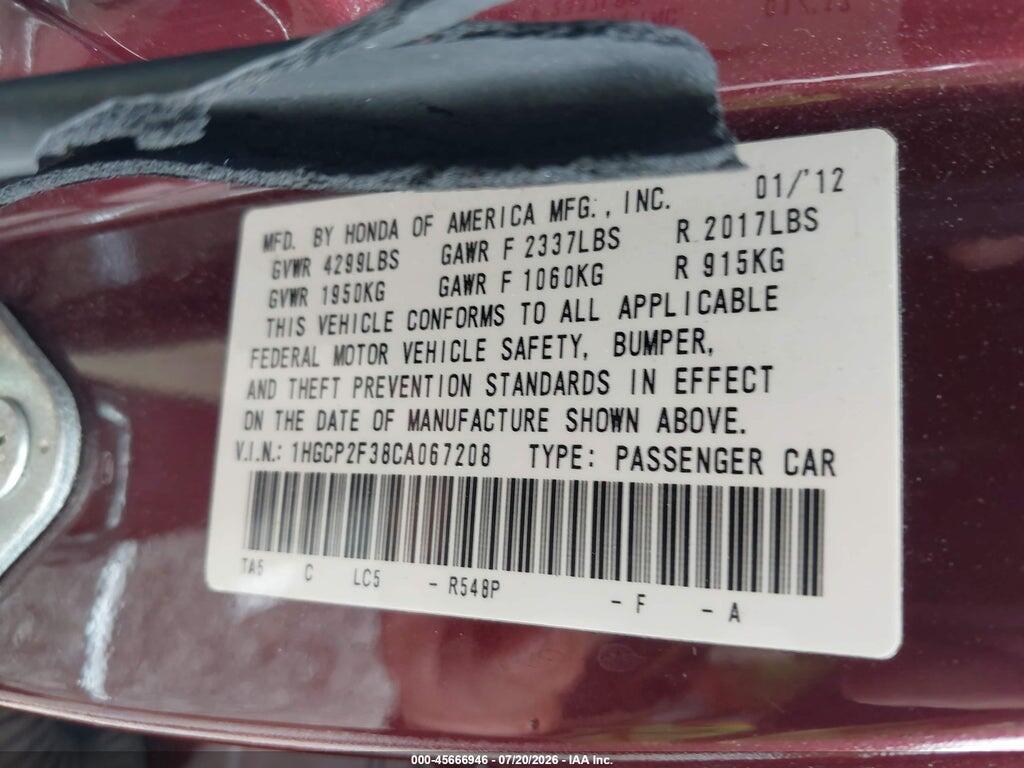 1HGCP2F38CA067208 2012 HONDA ACCORD photo no. 9