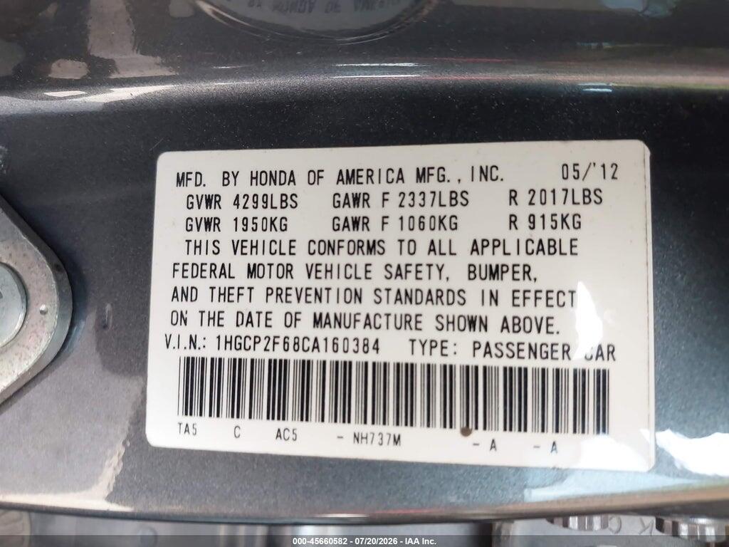 1HGCP2F68CA160384 2012 HONDA ACCORD photo no. 9