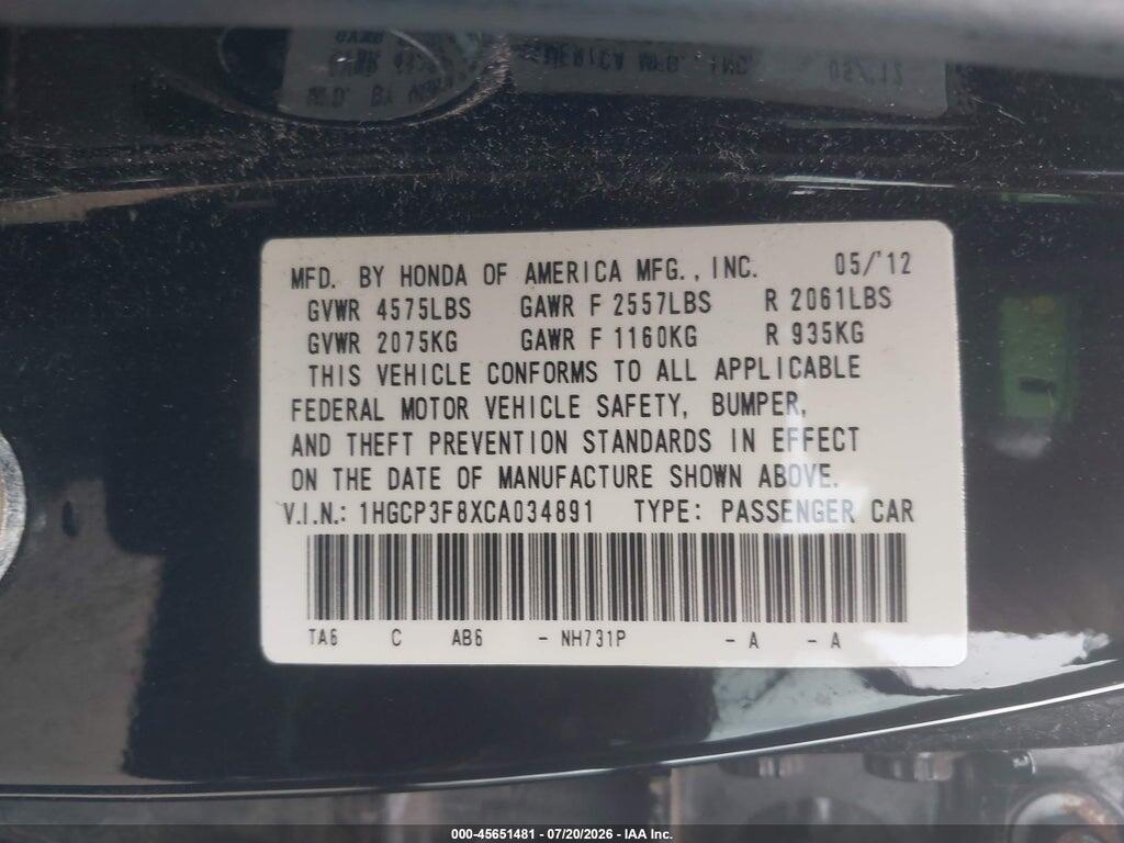 1HGCP3F8XCA034891 2012 HONDA ACCORD photo no. 9