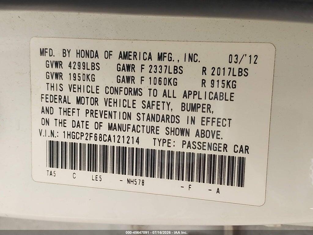 1HGCP2F68CA121214 2012 HONDA ACCORD photo no. 9