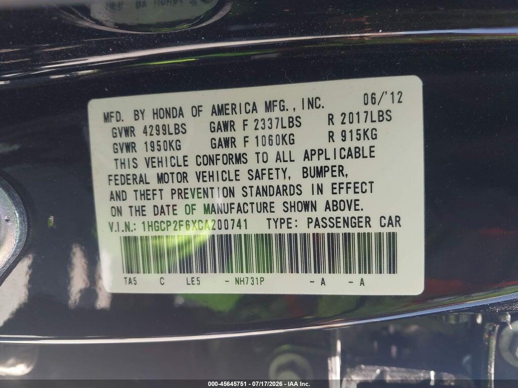 1HGCP2F6XCA200741 2012 HONDA ACCORD photo no. 9