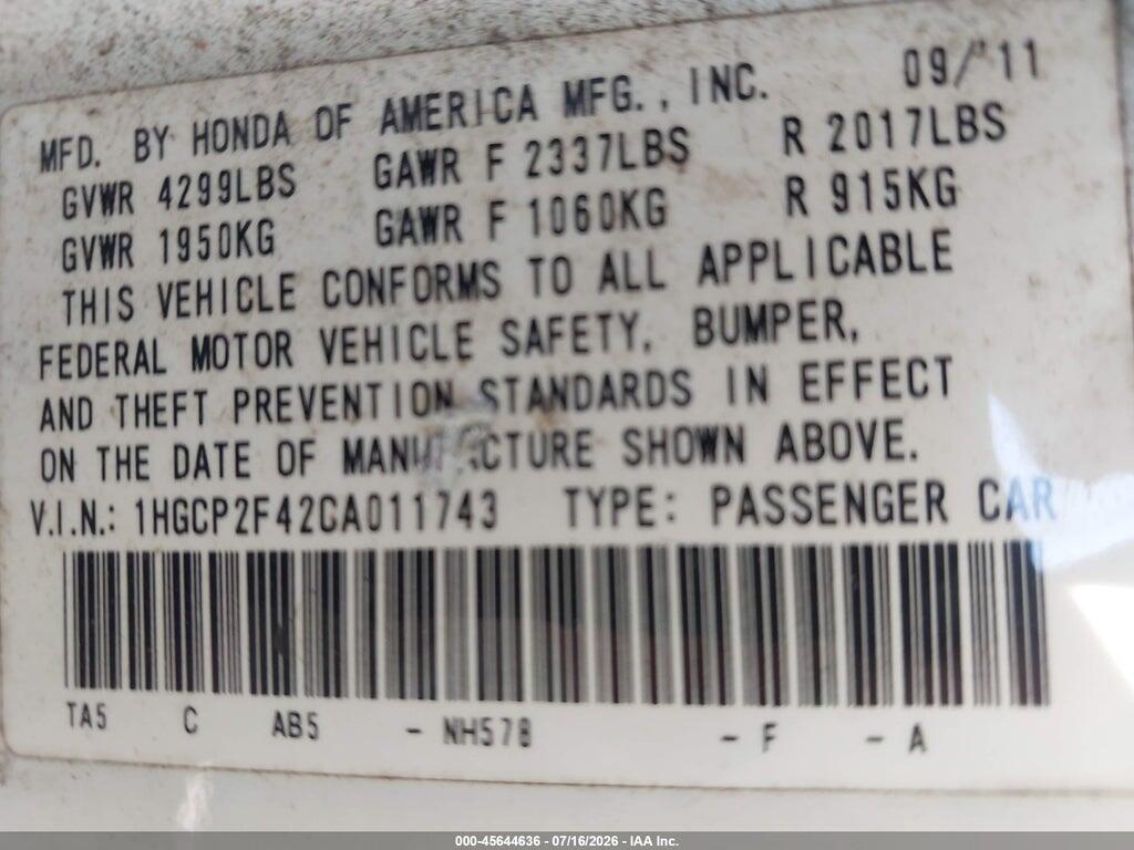 1HGCP2F42CA011743 2012 HONDA ACCORD photo no. 9
