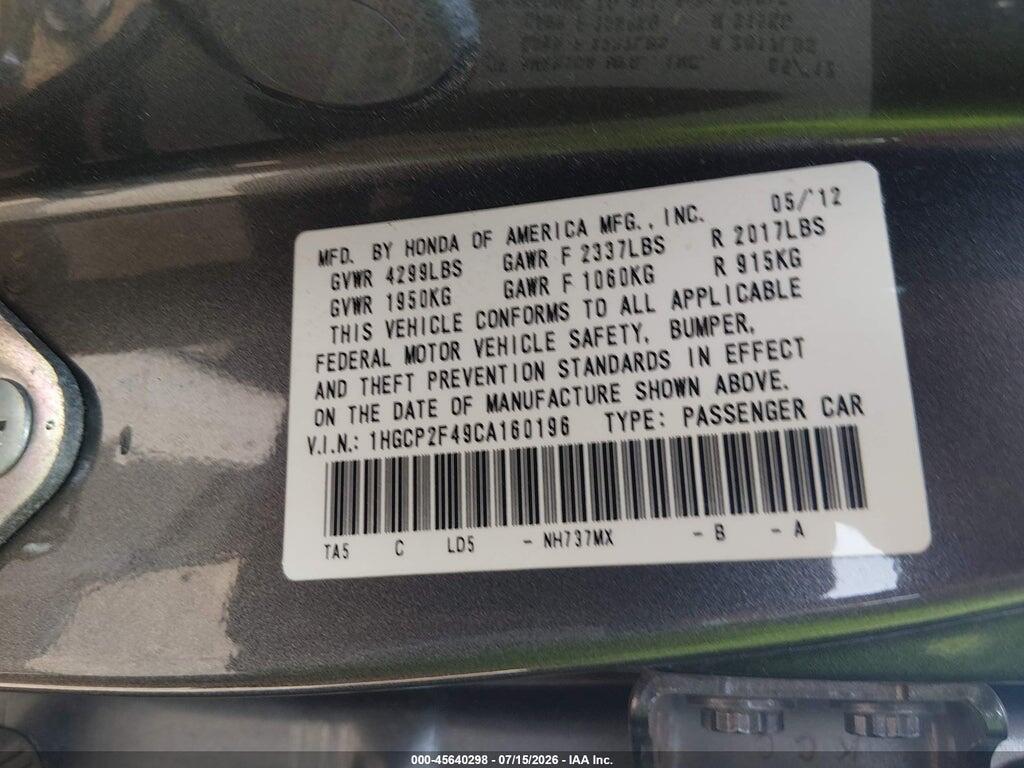 1HGCP2F49CA160196 2012 HONDA ACCORD photo no. 9