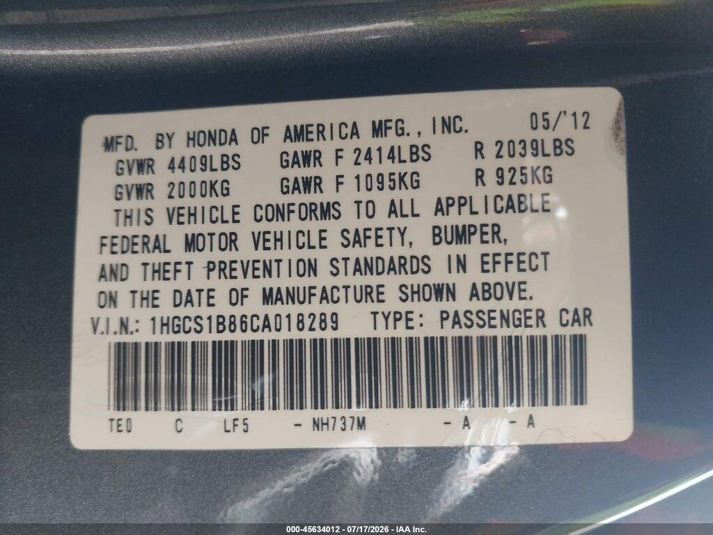 1HGCS1B86CA018289 2012 HONDA ACCORD photo no. 9