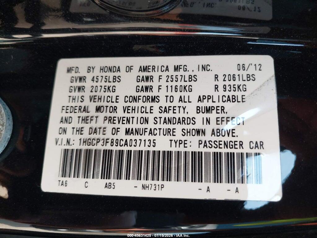 1HGCP3F89CA037135 2012 HONDA ACCORD photo no. 9