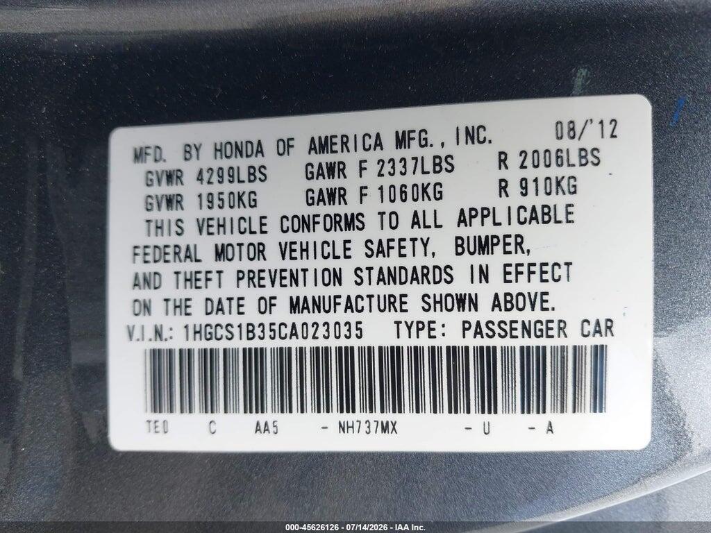 1HGCS1B35CA023035 2012 HONDA ACCORD photo no. 9