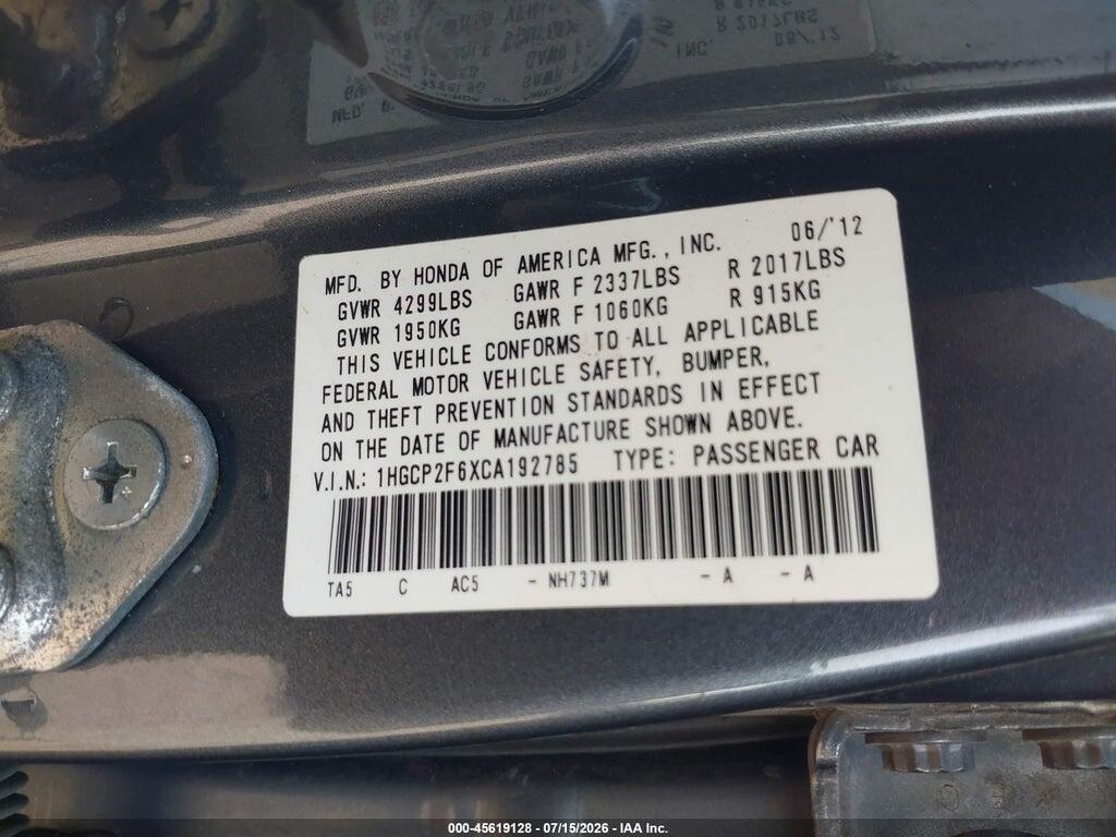 1HGCP2F6XCA192785 2012 HONDA ACCORD photo no. 9