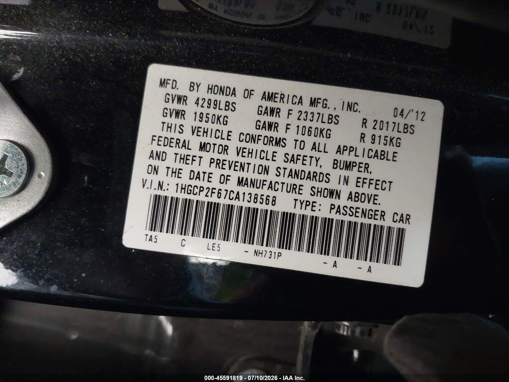 1HGCP2F67CA138568 2012 HONDA ACCORD photo no. 9