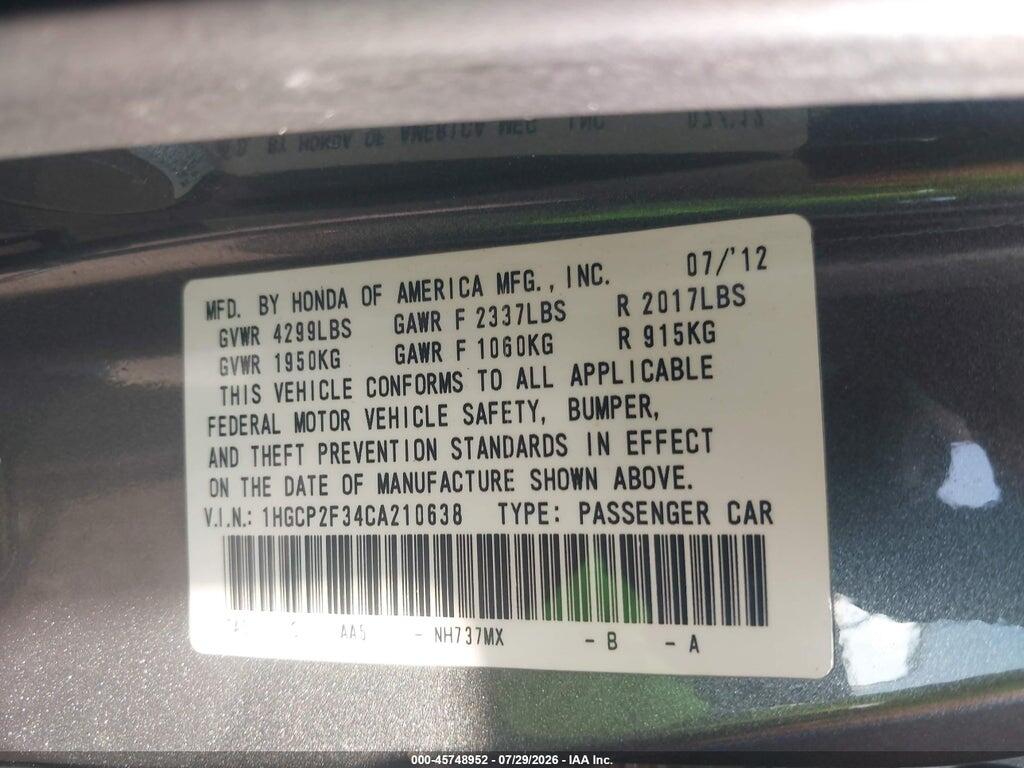 1HGCP2F34CA210638 2012 HONDA ACCORD SDN photo no. 9