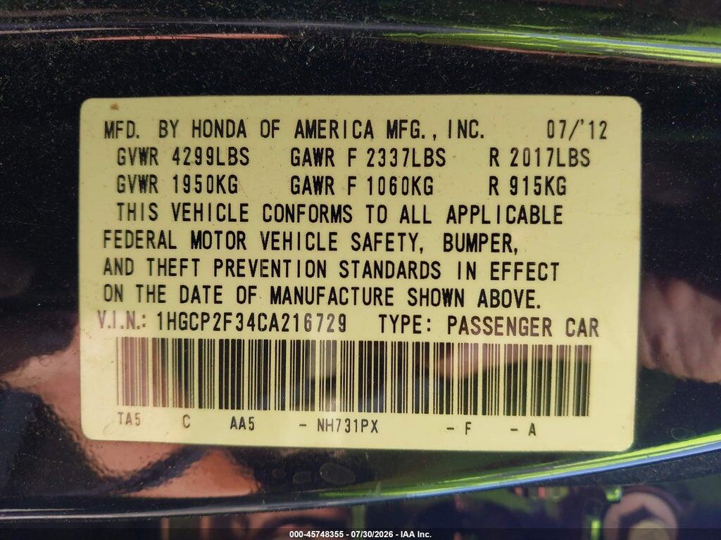 1HGCP2F34CA216729 2012 HONDA ACCORD SDN photo no. 9