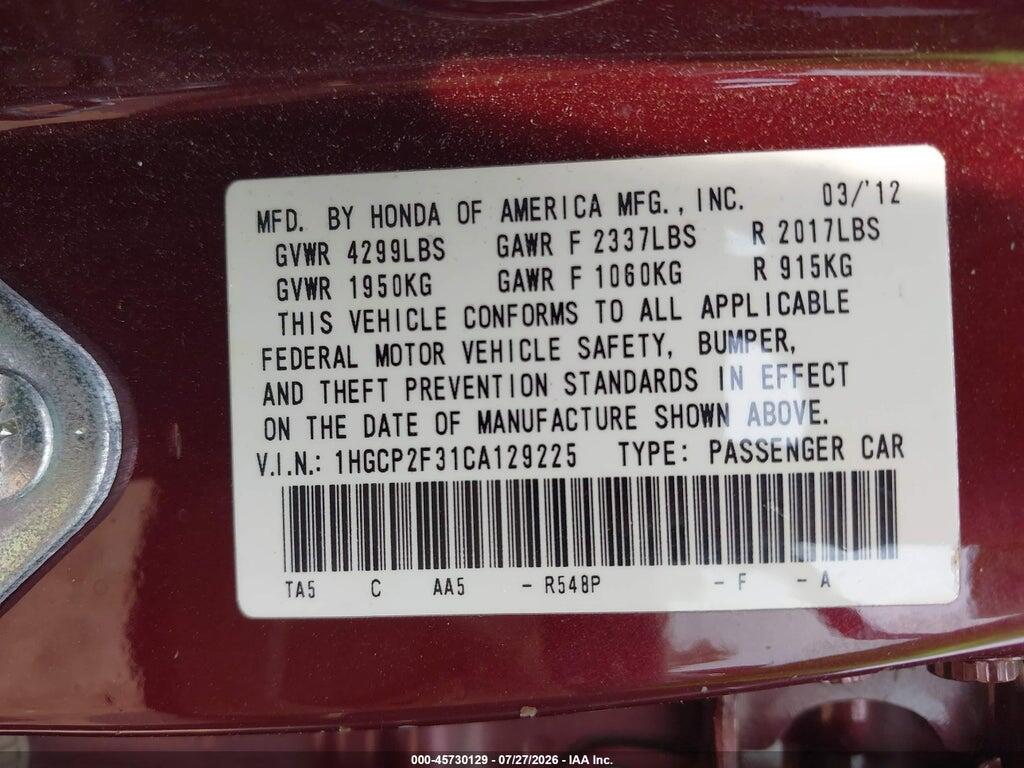 1HGCP2F31CA129225 2012 HONDA ACCORD SDN photo no. 9