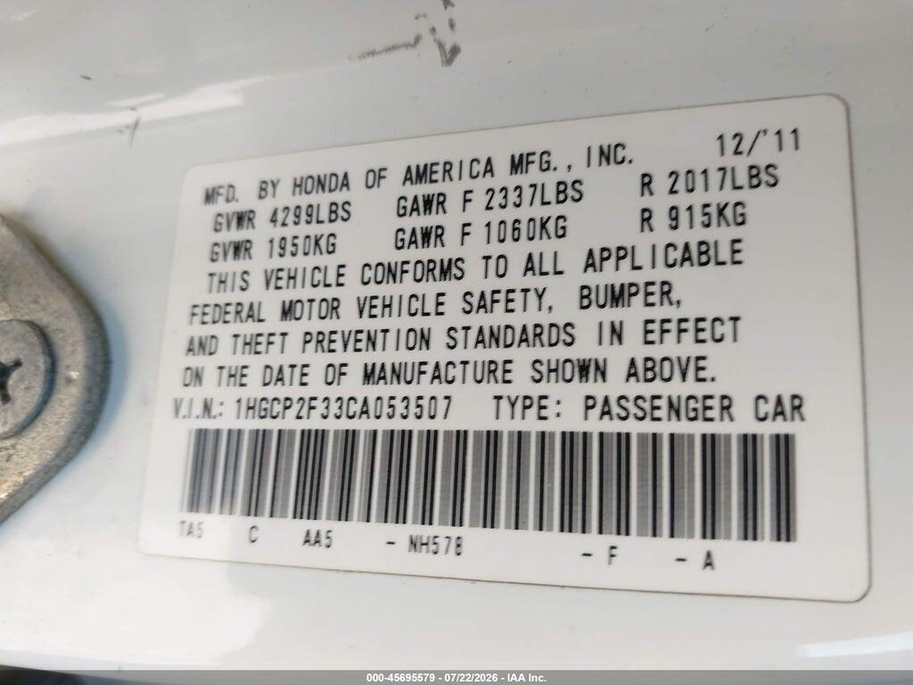 1HGCP2F33CA053507 2012 HONDA ACCORD SDN photo no. 9