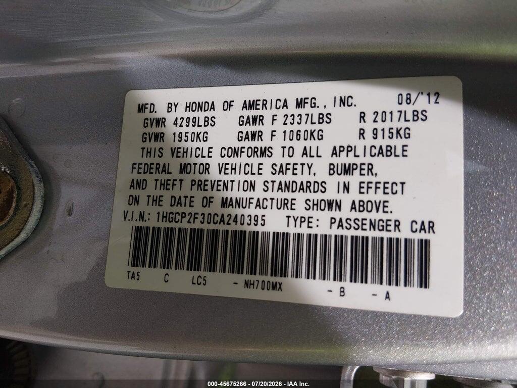 1HGCP2F30CA240395 2012 HONDA ACCORD SDN photo no. 9