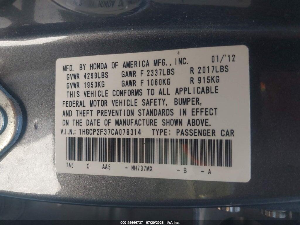 1HGCP2F37CA078314 2012 HONDA ACCORD SDN photo no. 9