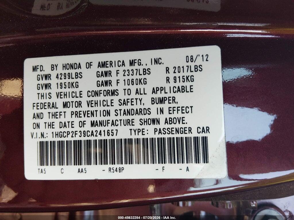 1HGCP2F39CA241657 2012 HONDA ACCORD SDN photo no. 9