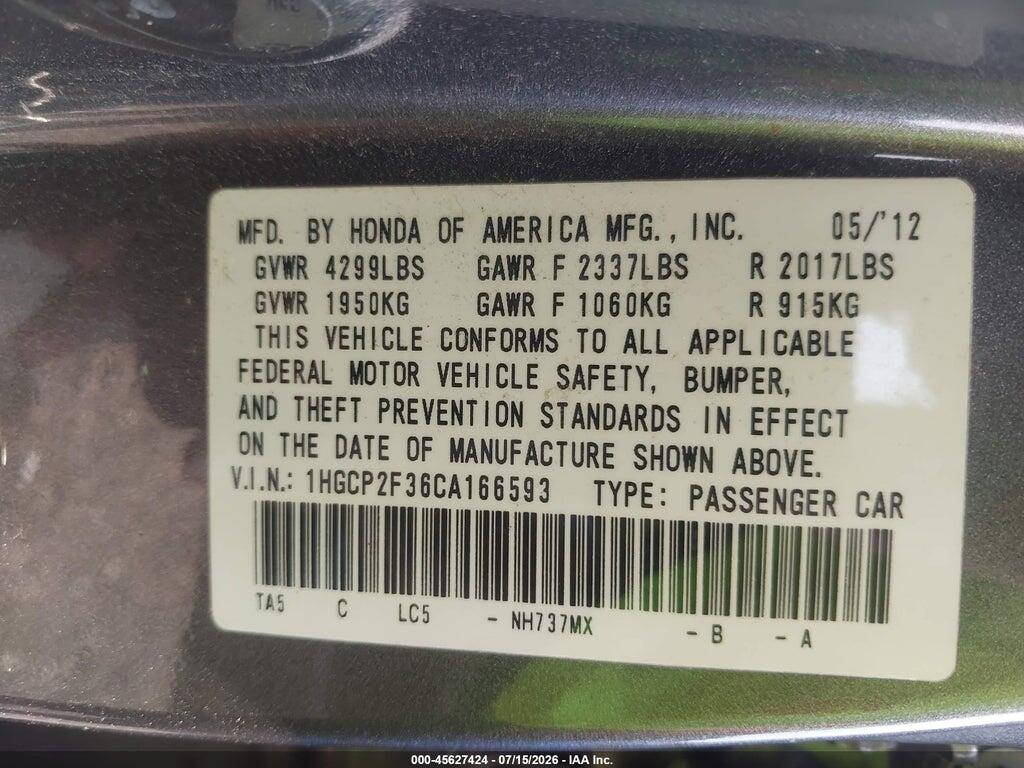 1HGCP2F36CA166593 2012 HONDA ACCORD SDN photo no. 9