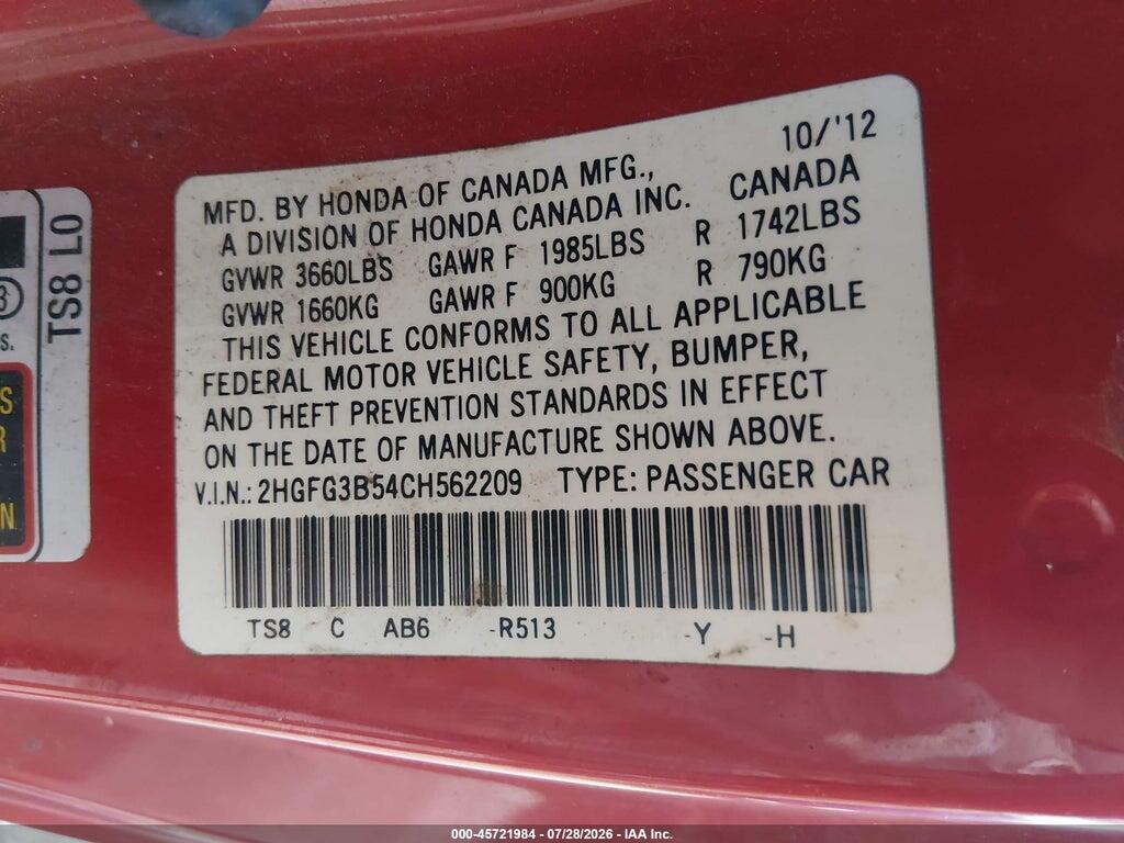 2HGFG3B54CH562209 2012 HONDA CIVIC photo no. 8