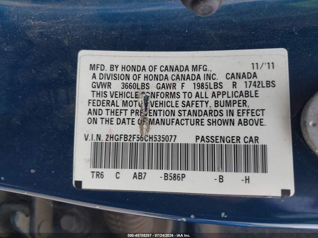 2HGFB2F56CH535077 2012 HONDA CIVIC photo no. 9