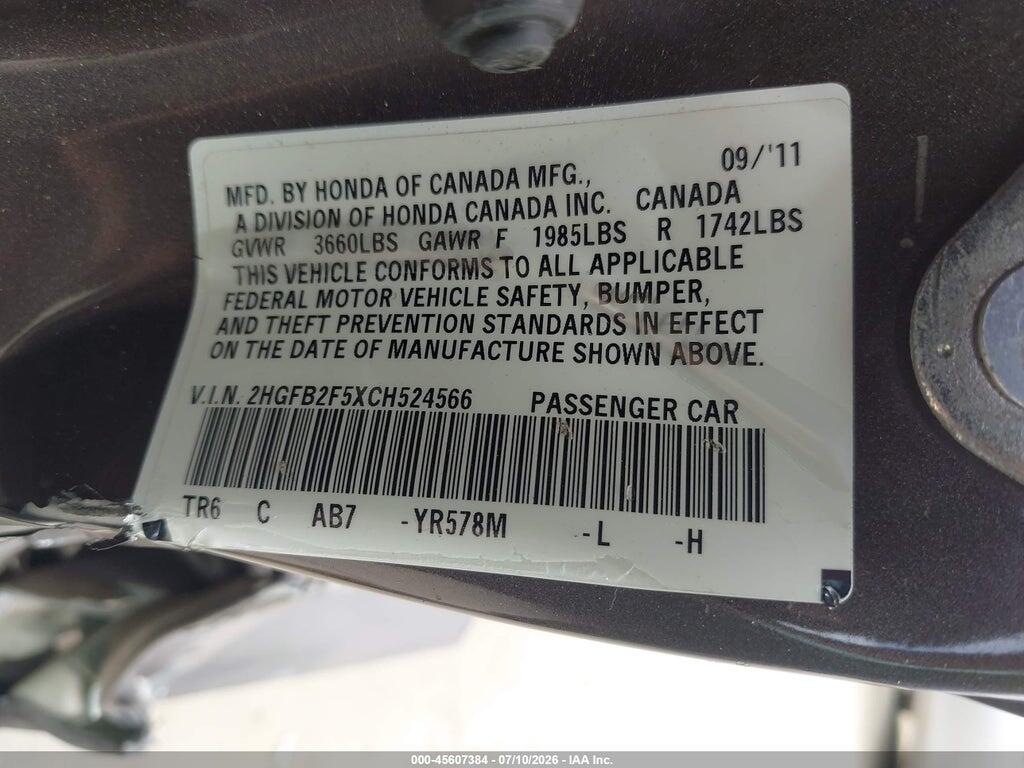 2HGFB2F5XCH524566 2012 HONDA CIVIC photo no. 9