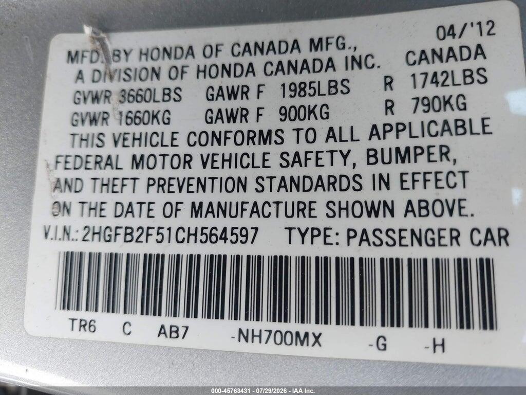 2HGFB2F51CH564597 2012 HONDA CIVIC photo no. 9