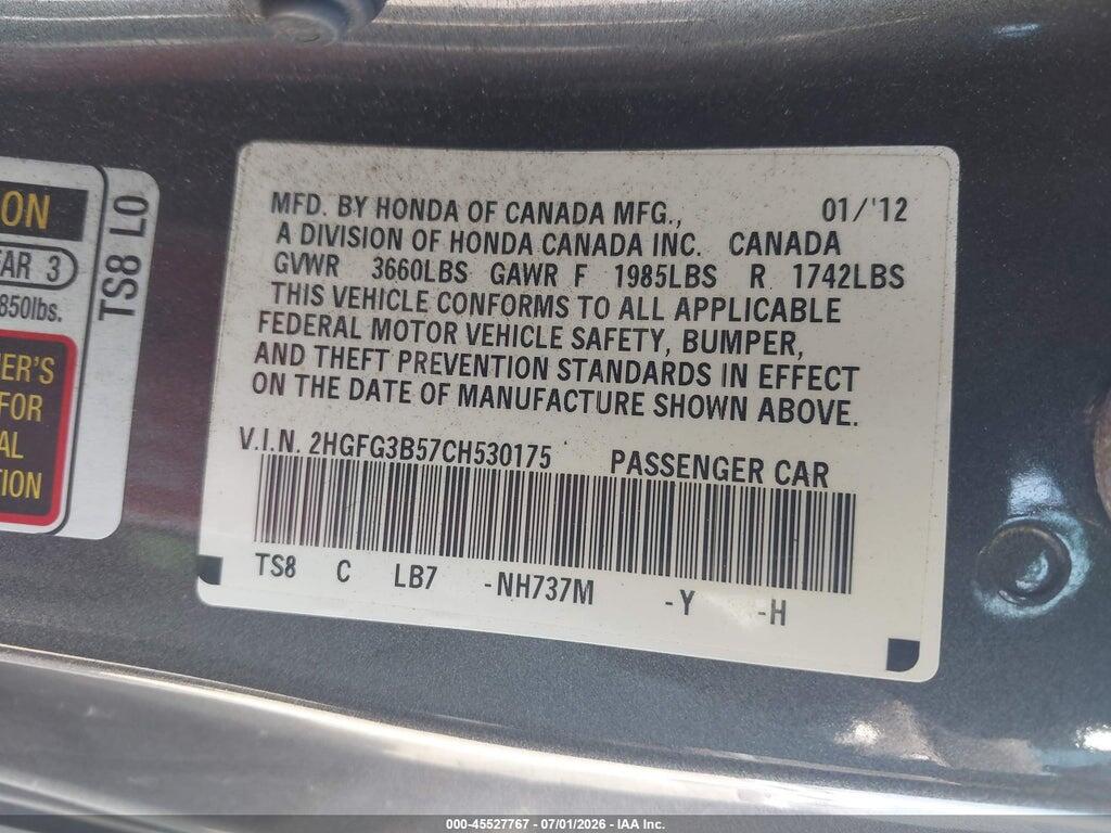 2HGFG3B57CH530175 2012 HONDA CIVIC photo no. 9