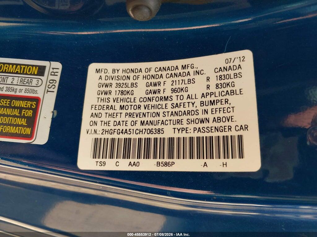 2HGFG4A51CH706385 2012 HONDA CIVIC photo no. 9