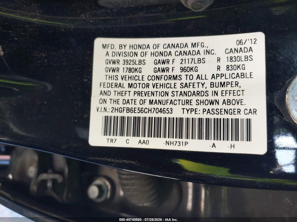 2HGFB6E56CH704653 2012 HONDA CIVIC photo no. 9