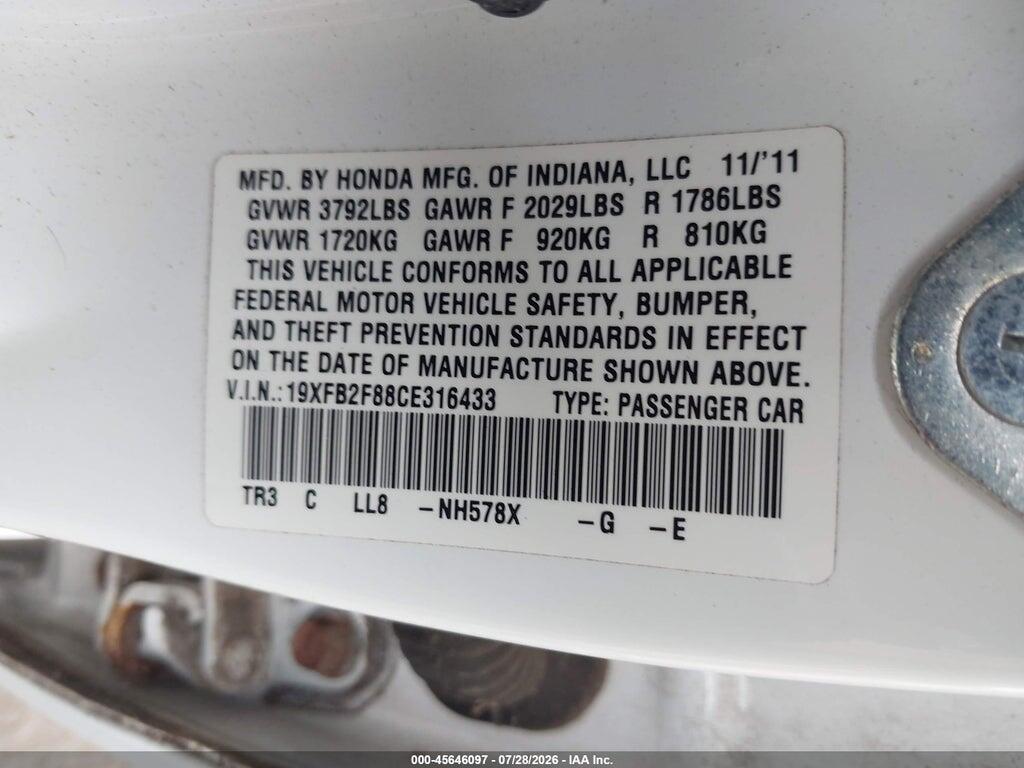 19XFB2F88CE316433 2012 HONDA CIVIC photo no. 9