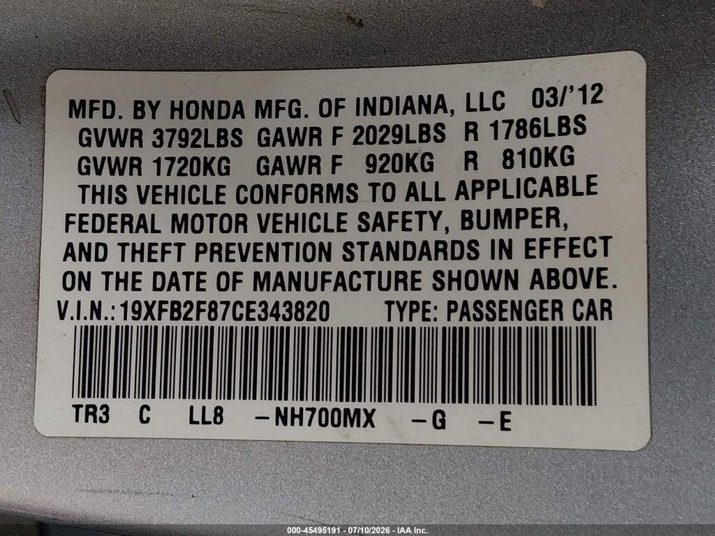 19XFB2F87CE343820 2012 HONDA CIVIC photo no. 9