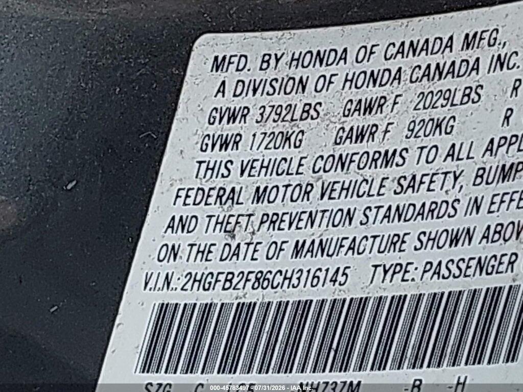 2HGFB2F86CH316145 2012 HONDA CIVIC photo no. 9