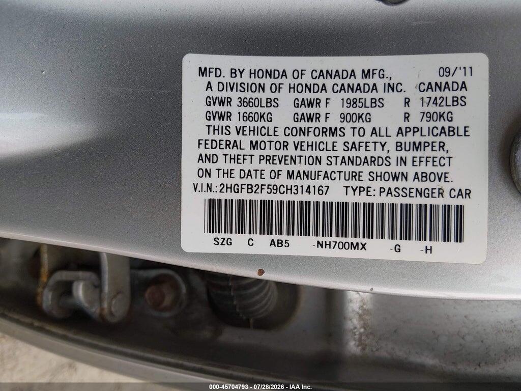2HGFB2F59CH314167 2012 HONDA CIVIC photo no. 9
