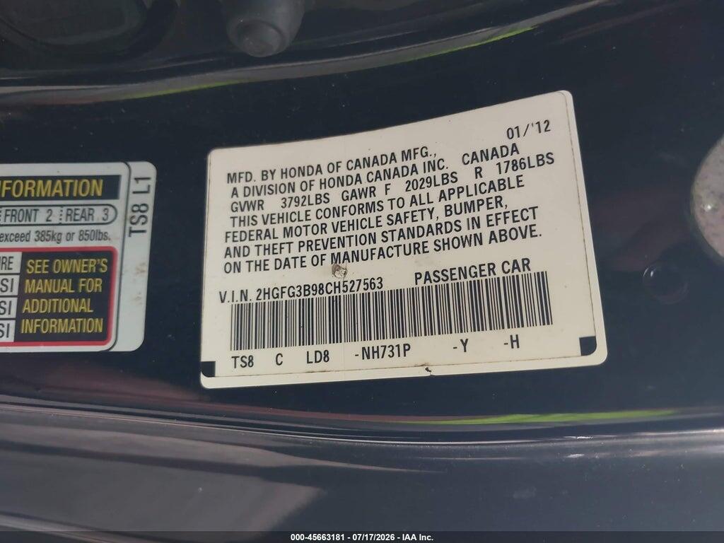 2HGFG3B98CH527563 2012 HONDA CIVIC photo no. 9