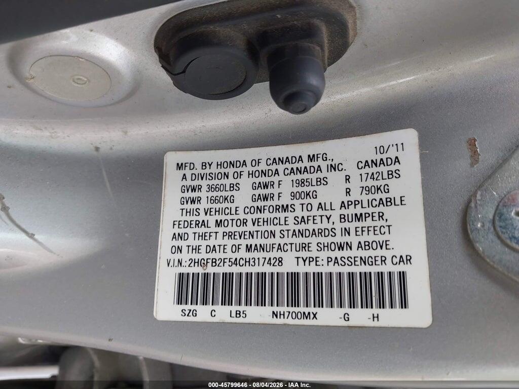 2HGFB2F54CH317428 2012 HONDA CIVIC photo no. 9