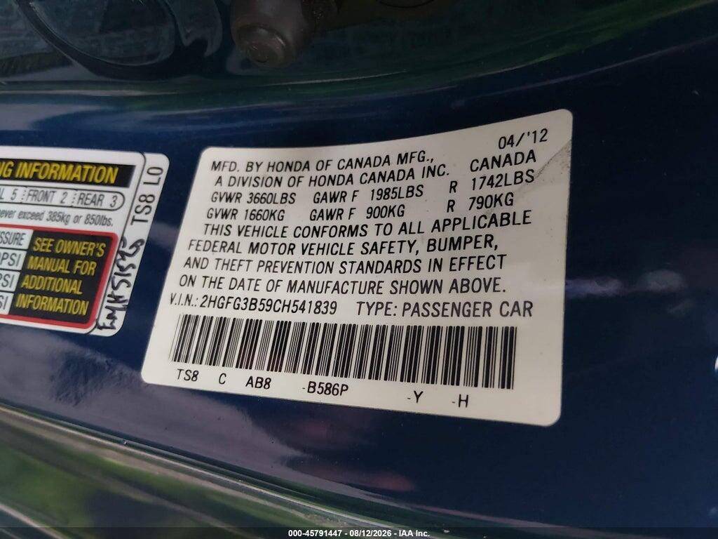 2HGFG3B59CH541839 2012 HONDA CIVIC photo no. 9