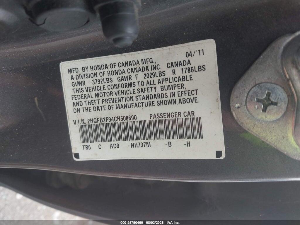 2HGFB2F94CH508690 2012 HONDA CIVIC photo no. 9
