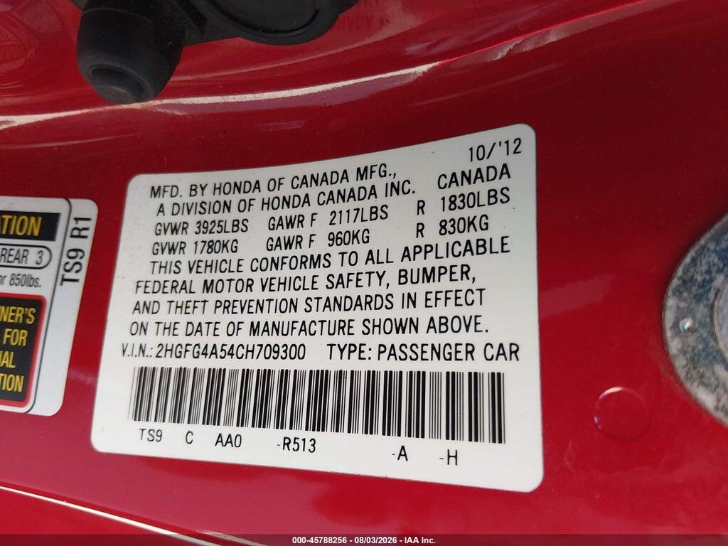 2HGFG4A54CH709300 2012 HONDA CIVIC photo no. 9