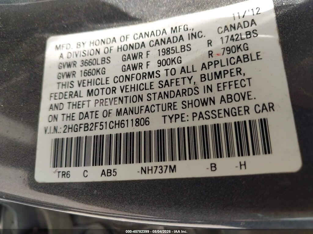 2HGFB2F51CH611806 2012 HONDA CIVIC photo no. 9
