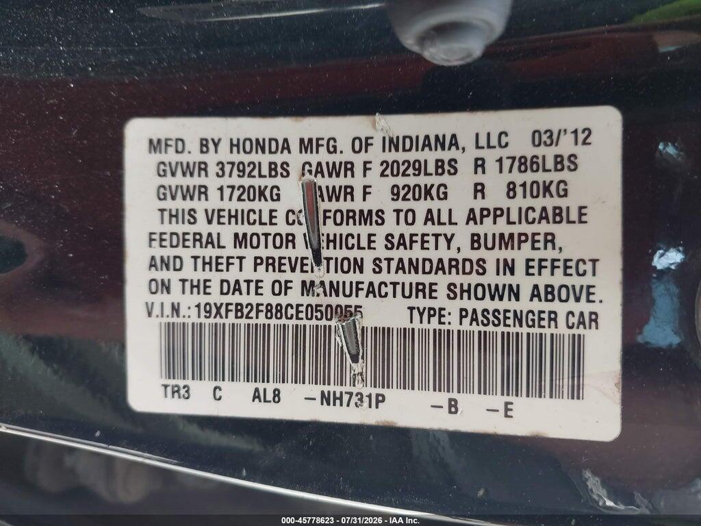 19XFB2F88CE050055 2012 HONDA CIVIC photo no. 9